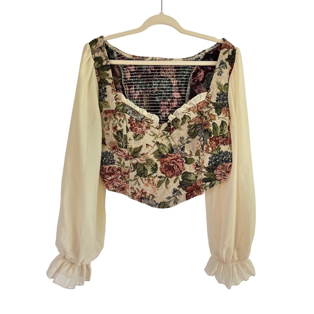 Floral Tapestry Cream Chiffon Bishop Sleeve Milkmaid Peasant Corset Top Size 1XL
